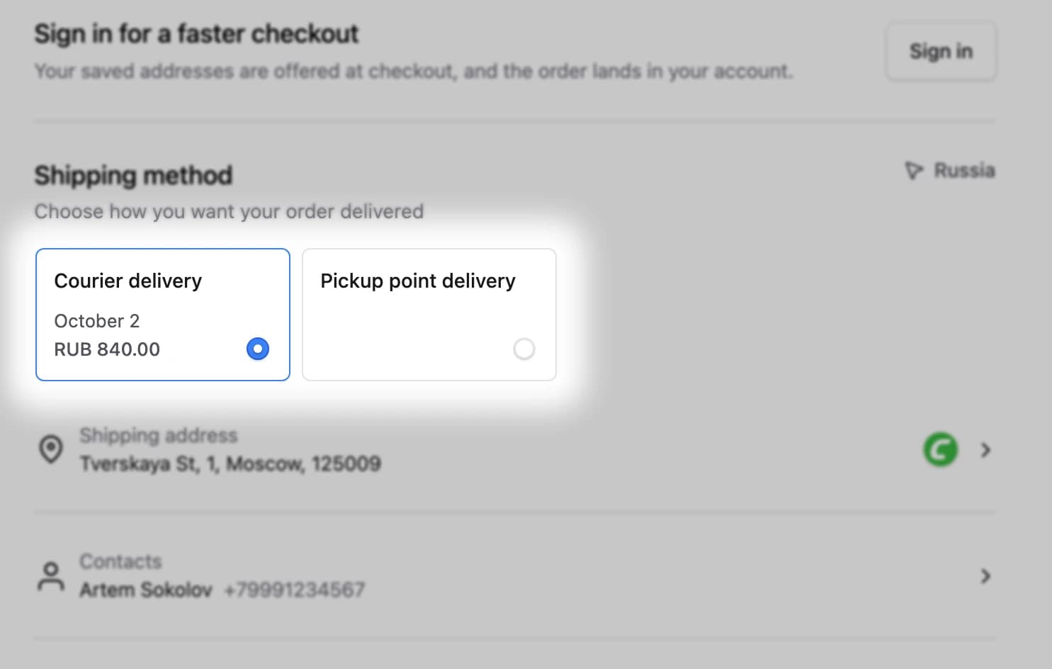 ApiShip shipping option cards, with the courier option priced by the picked tariff