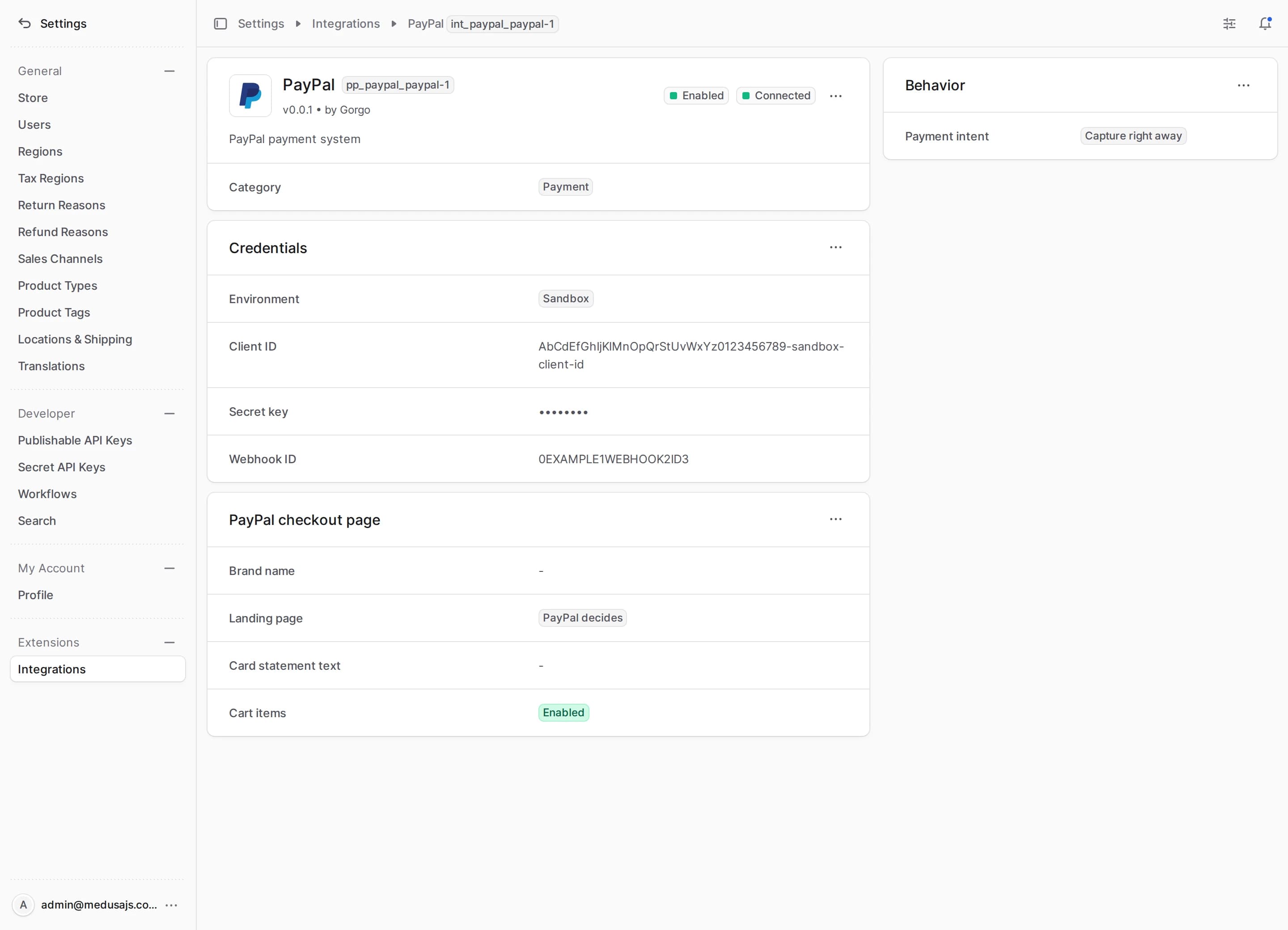 PayPal settings overview